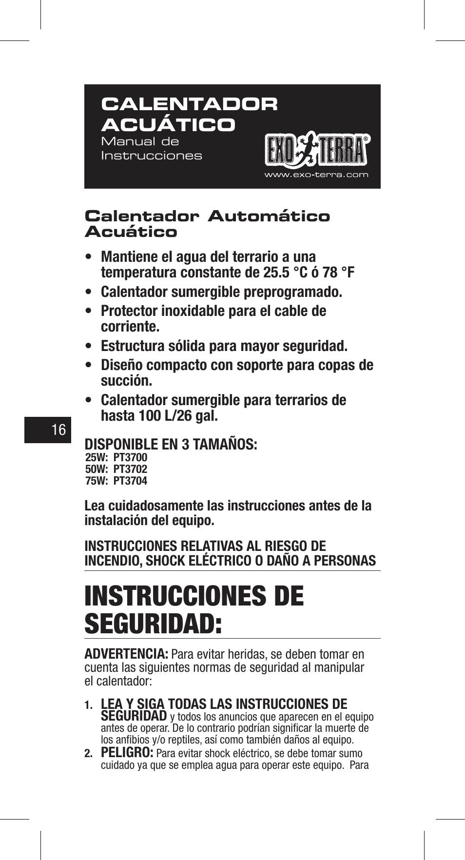Instrucciones de seguridad, Calentador acuático | Exo Terra Turtle Heater User Manual | Page 16 / 30