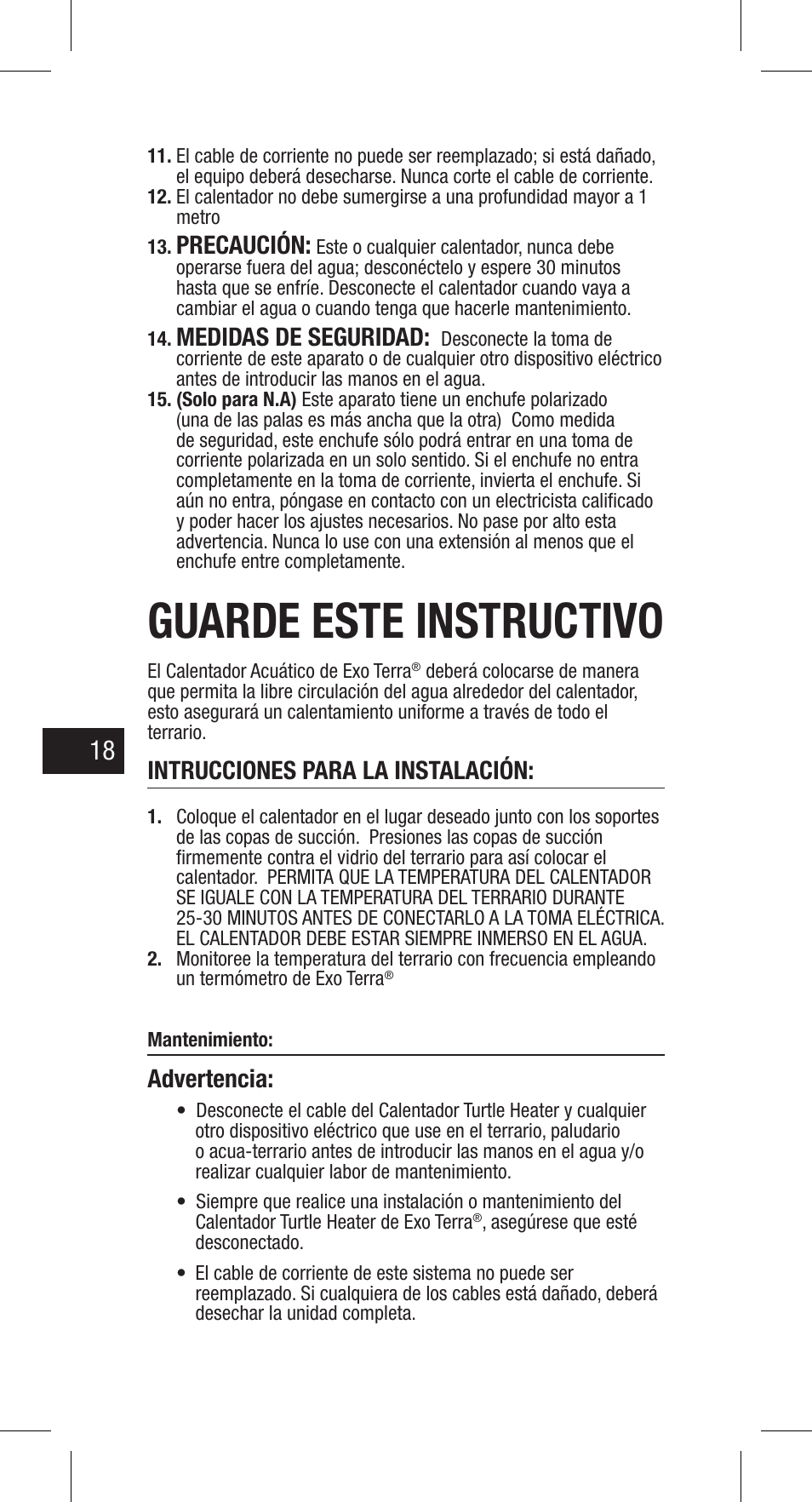 Guarde este instructivo, Precaución, Medidas de seguridad | Intrucciones para la instalación, Advertencia | Exo Terra Turtle Heater User Manual | Page 18 / 30