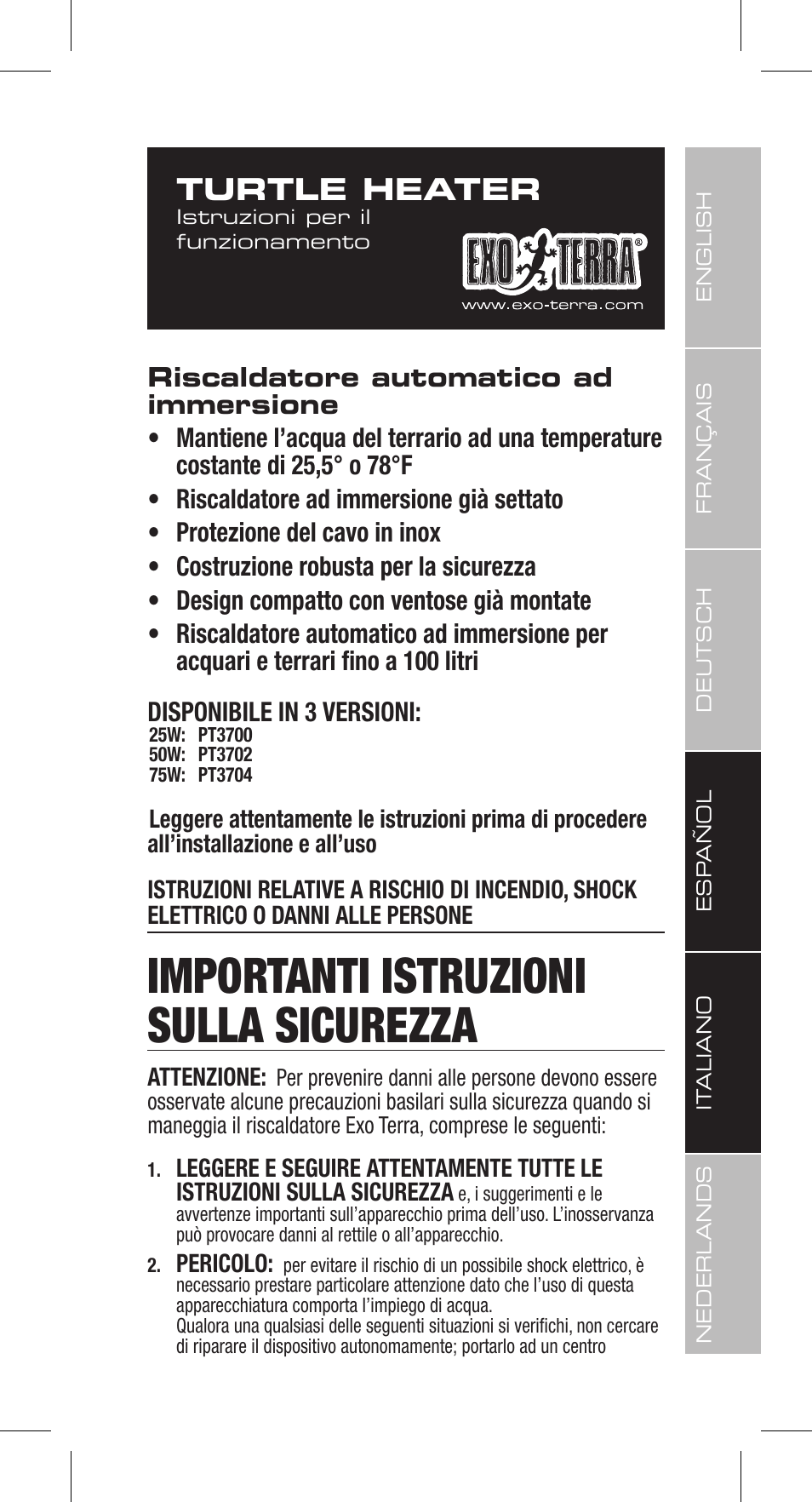 Importanti istruzioni sulla sicurezza, Turtle heater | Exo Terra Turtle Heater User Manual | Page 21 / 30