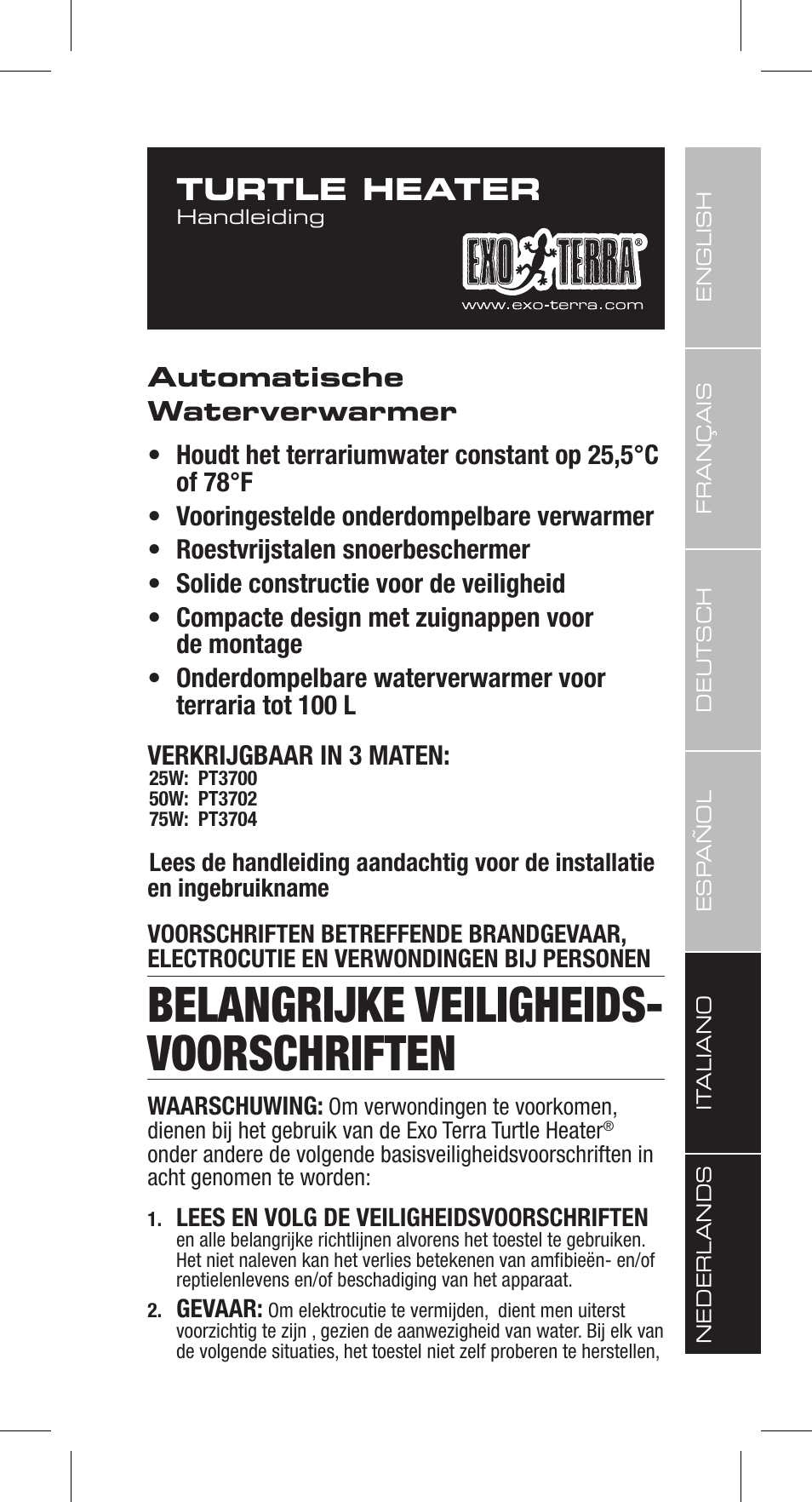 Belangrijke veiligheids- voorschriften, Turtle heater | Exo Terra Turtle Heater User Manual | Page 25 / 30