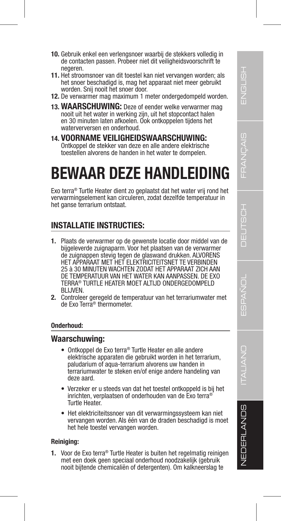 Bewaar deze handleiding, Waarschuwing, Voorname veiligheidswaarschuwing | Installatie instructies | Exo Terra Turtle Heater User Manual | Page 27 / 30