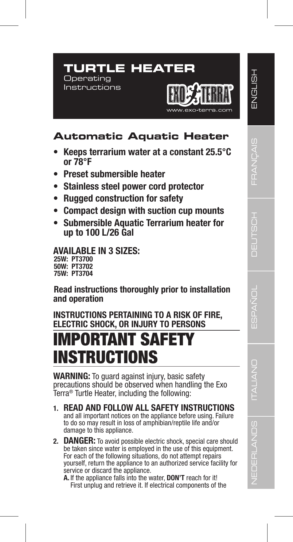 Important safety instructions, Turtle heater | Exo Terra Turtle Heater User Manual | Page 3 / 30