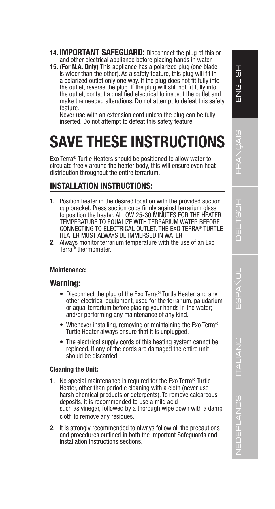 Save these instructions, Important safeguard, Installation instructions | Warning | Exo Terra Turtle Heater User Manual | Page 5 / 30