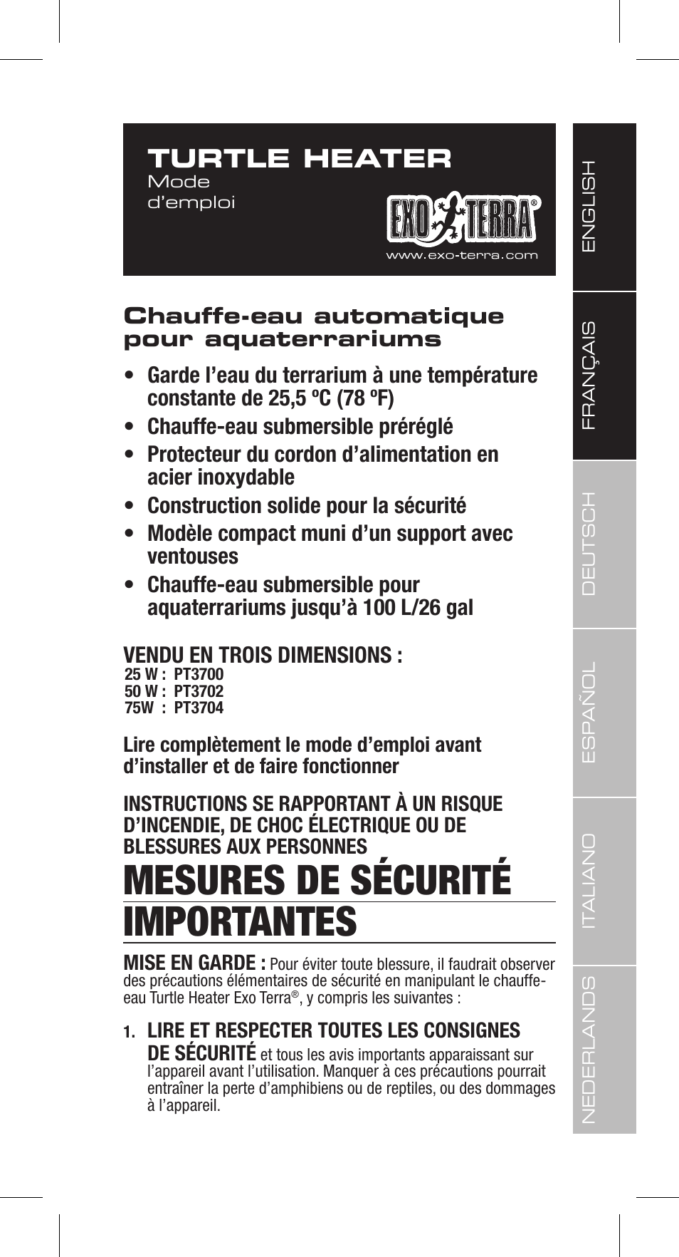 Mesures de sécurité importantes, Turtle heater | Exo Terra Turtle Heater User Manual | Page 7 / 30