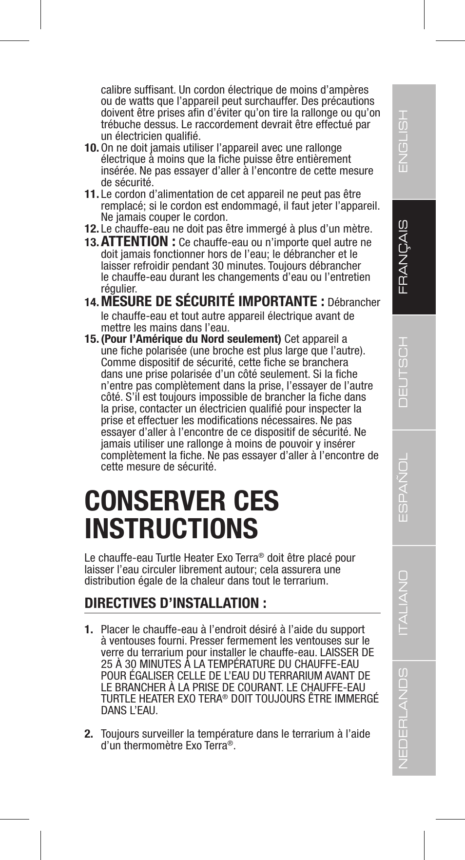 Conserver ces instructions | Exo Terra Turtle Heater User Manual | Page 9 / 30
