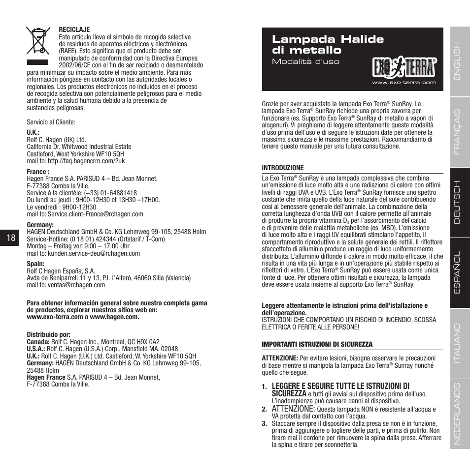 Lampada halide di metallo, Leggere e seguire tutte le istruzioni di sicurezza, Attenzione | Exo Terra Sunray Bulb User Manual | Page 10 / 17