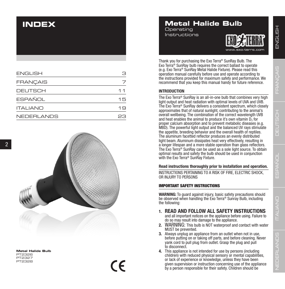 Index, Metal halide bulb, Read and follow all safety instructions | Warning | Exo Terra Sunray Bulb User Manual | Page 2 / 17