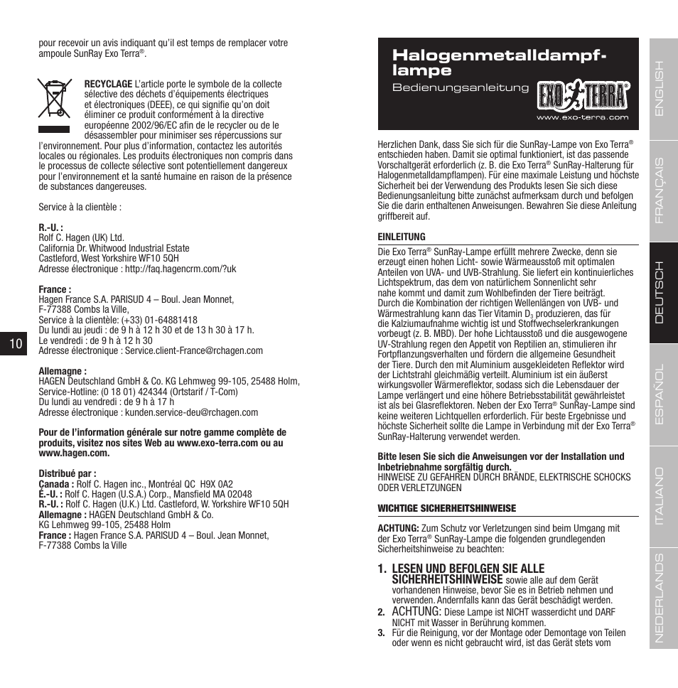 Halogenmetalldampf- lampe, Lesen und befolgen sie alle sicherheitshinweise, Achtung | Exo Terra Sunray Bulb User Manual | Page 6 / 17