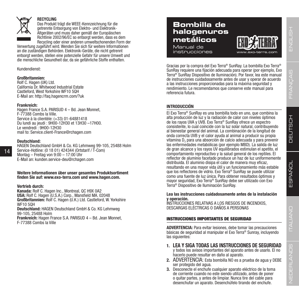 Bombilla de halogenuros metálicos, Lea y siga todas las instrucciones de seguridad, Advertencia | Exo Terra Sunray Bulb User Manual | Page 8 / 17
