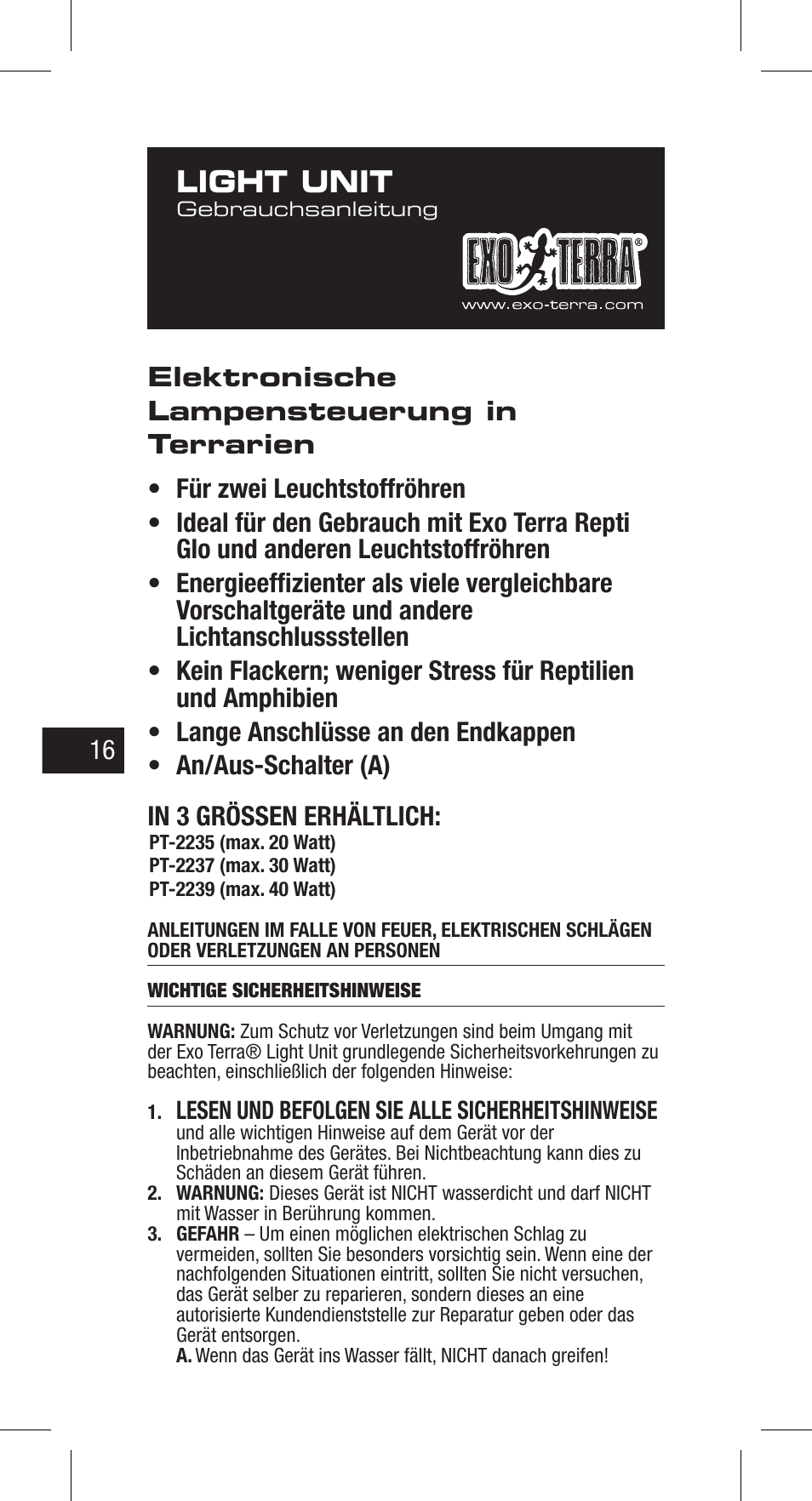 Light unit | Exo Terra Light Unit User Manual | Page 16 / 40