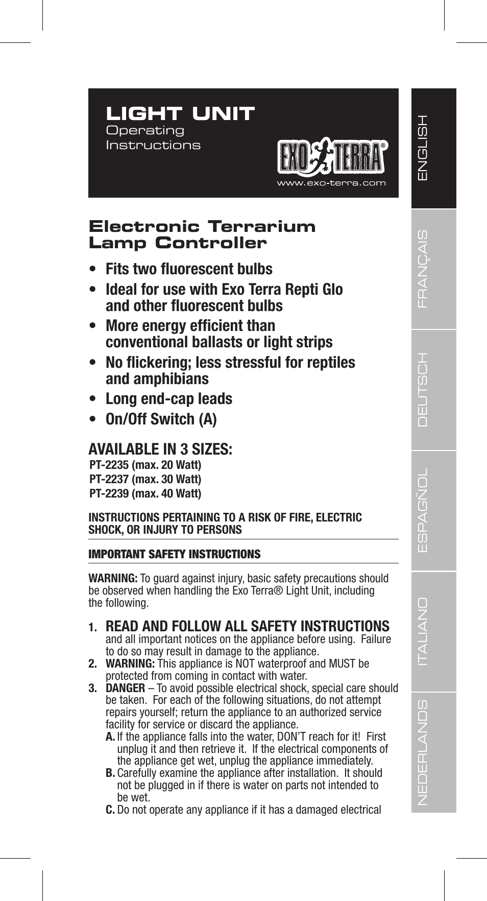 Light unit | Exo Terra Light Unit User Manual | Page 3 / 40