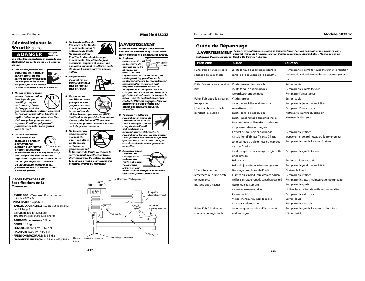 Campbell, Guide de dépannage, Danger | Généralités sur la sécurité | Campbell Hausfeld SB3232 User Manual | Page 10 / 24