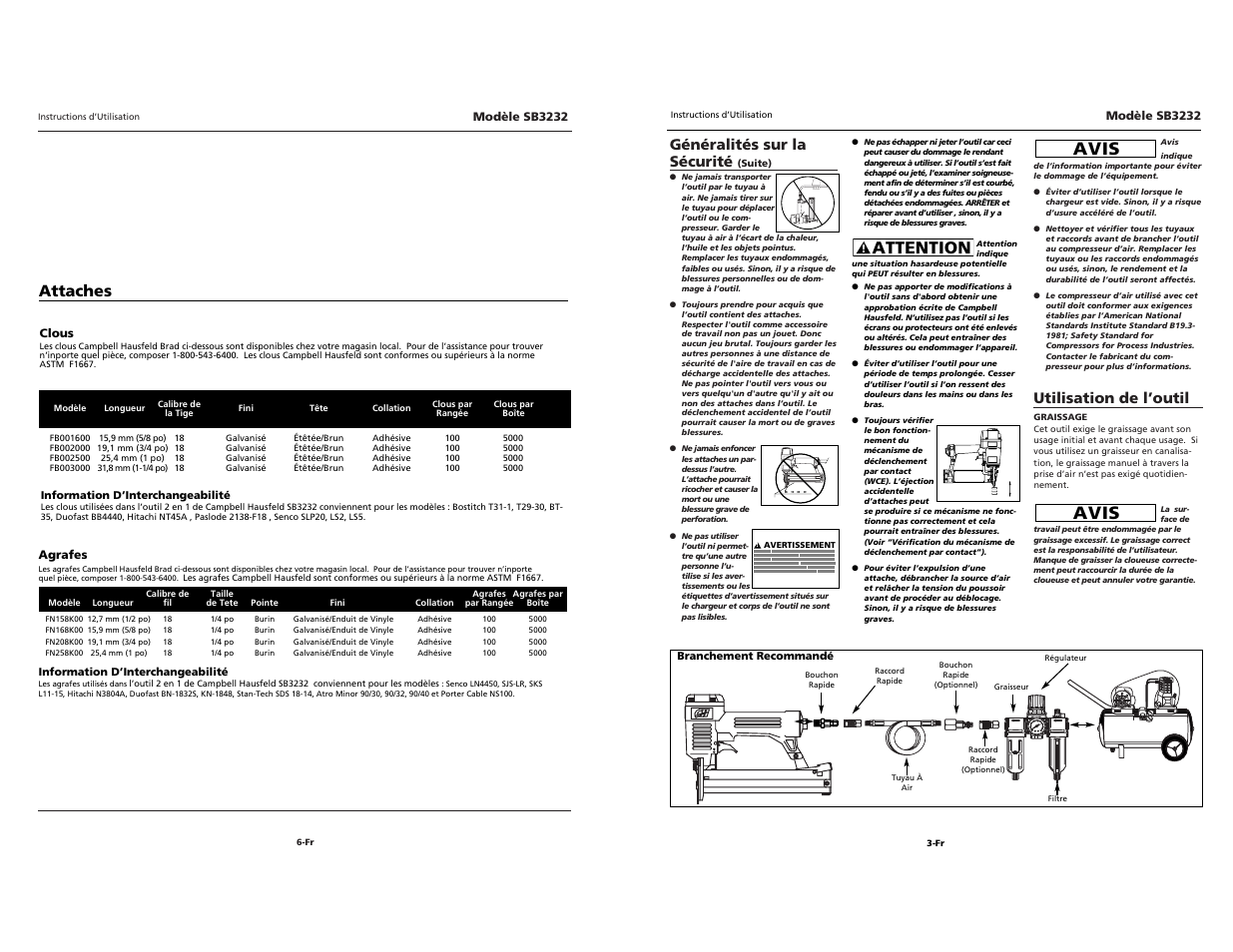 O i l, Avis, Attention | Attaches, Généralités sur la sécurité, Utilisation de l’outil | Campbell Hausfeld SB3232 User Manual | Page 11 / 24