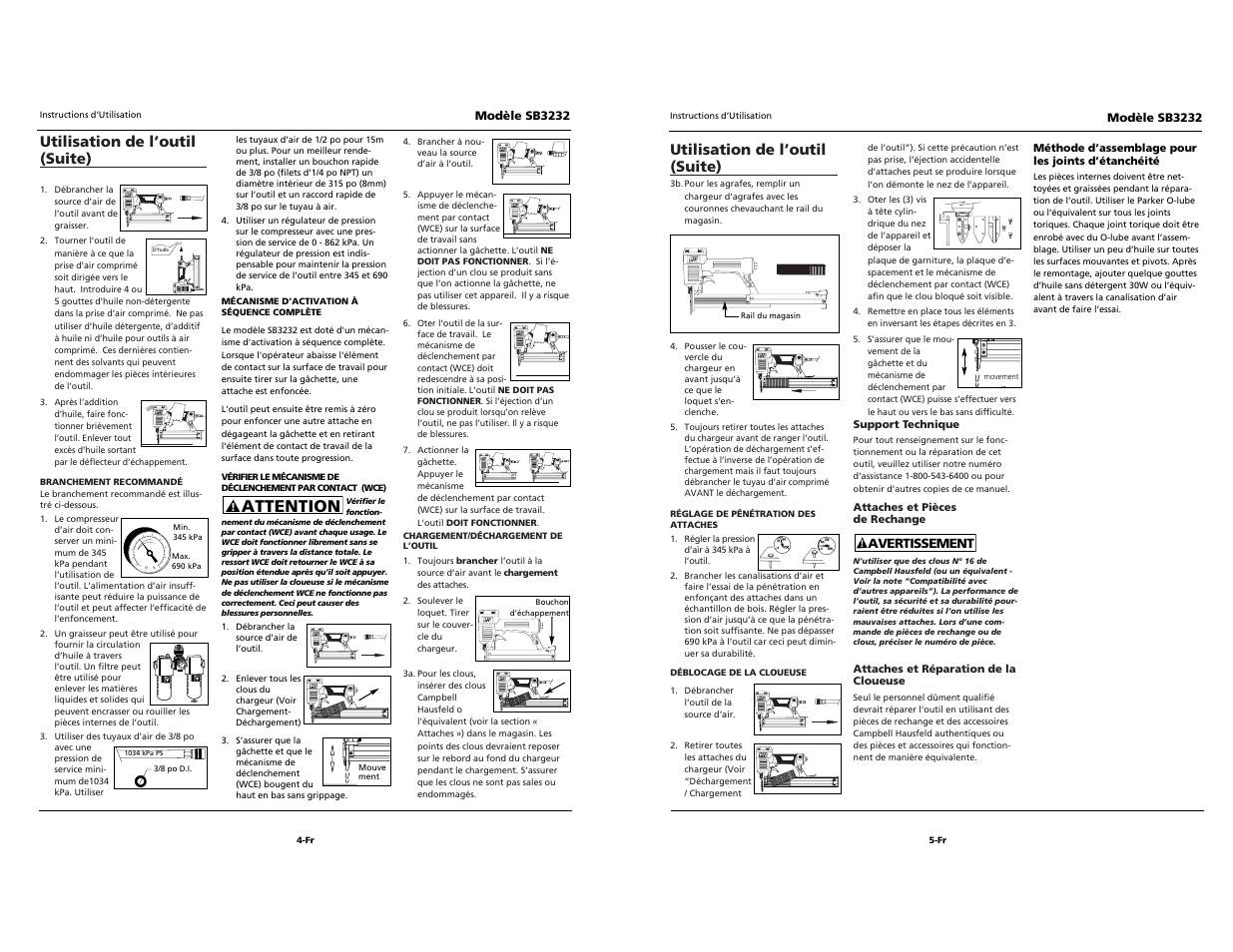 Attention, Utilisation de l’outil (suite) | Campbell Hausfeld SB3232 User Manual | Page 12 / 24