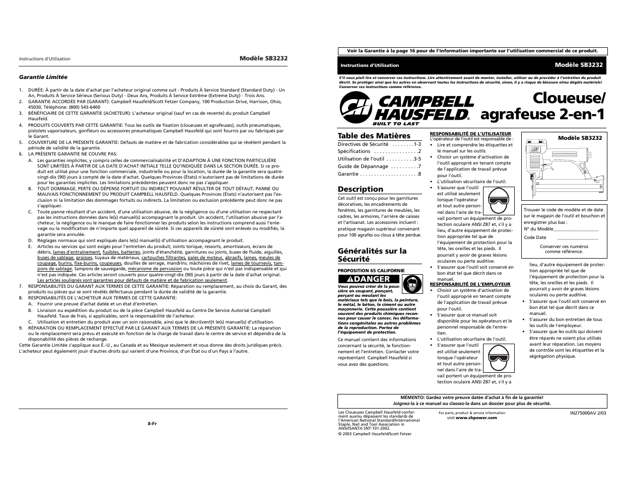 Cloueuse/ agrafeuse 2-en-1, Danger | Campbell Hausfeld SB3232 User Manual | Page 16 / 24