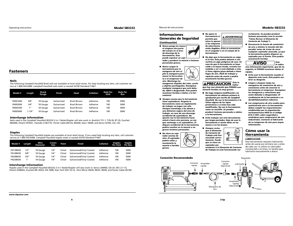 Aviso, O i l, Precaucion | Fasteners, Cómo usar la herramienta | Campbell Hausfeld SB3232 User Manual | Page 19 / 24