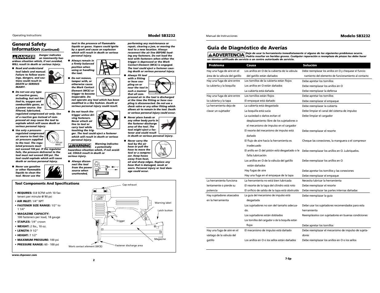 Campbell, Guía de diagnóstico de averías, Advertencia | General safety information | Campbell Hausfeld SB3232 User Manual | Page 2 / 24