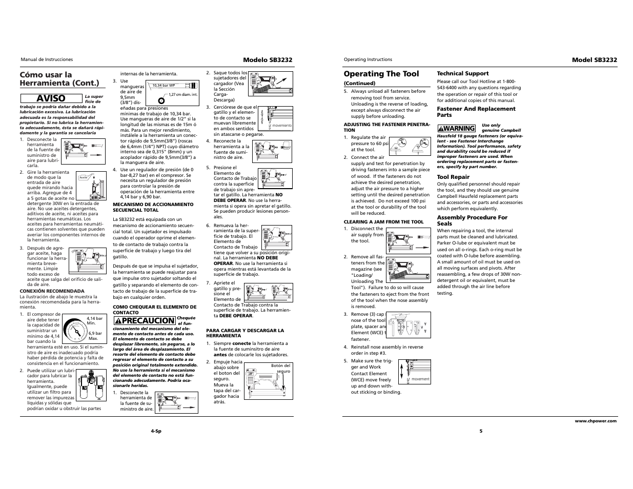 Aviso, Precaucion, Cómo usar la herramienta (cont.) | Operating the tool | Campbell Hausfeld SB3232 User Manual | Page 20 / 24