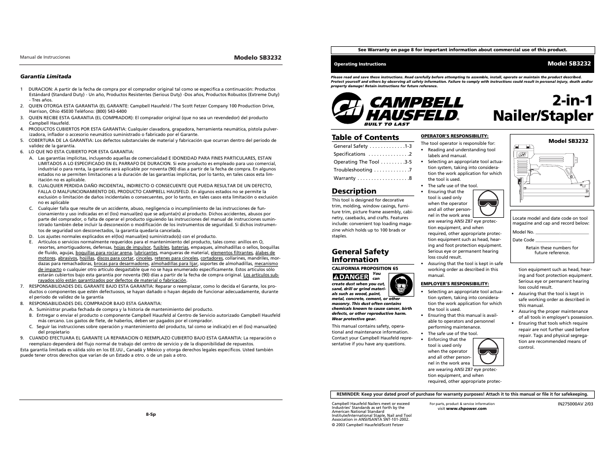 In-1 nailer/stapler | Campbell Hausfeld SB3232 User Manual | Page 24 / 24