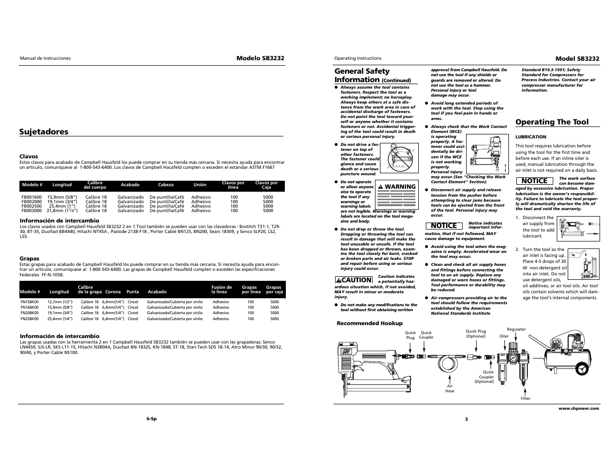 O i l, Sujetadores, General safety information | Operating the tool, Notice | Campbell Hausfeld SB3232 User Manual | Page 3 / 24