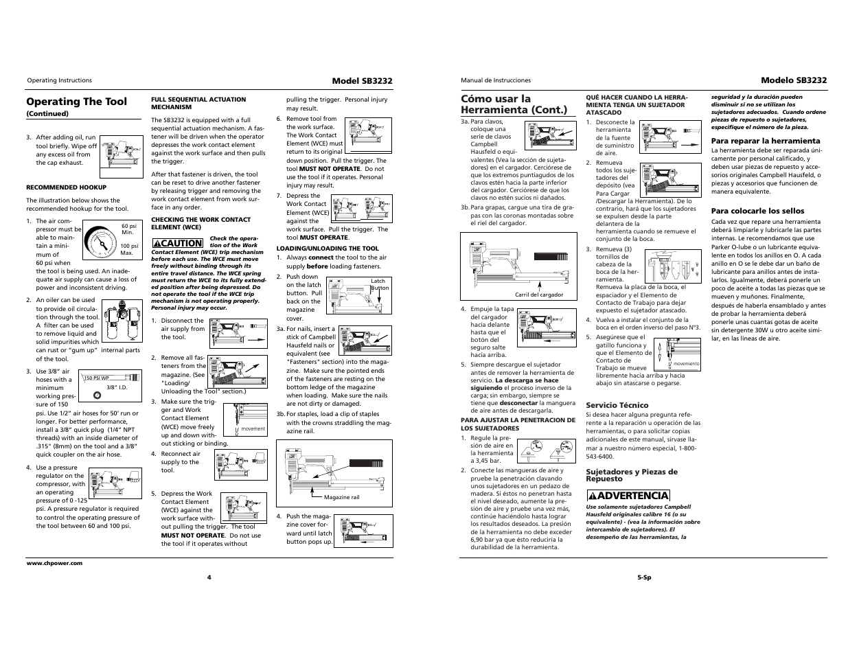 Cómo usar la herramienta (cont.), Advertencia, Operating the tool | Campbell Hausfeld SB3232 User Manual | Page 4 / 24