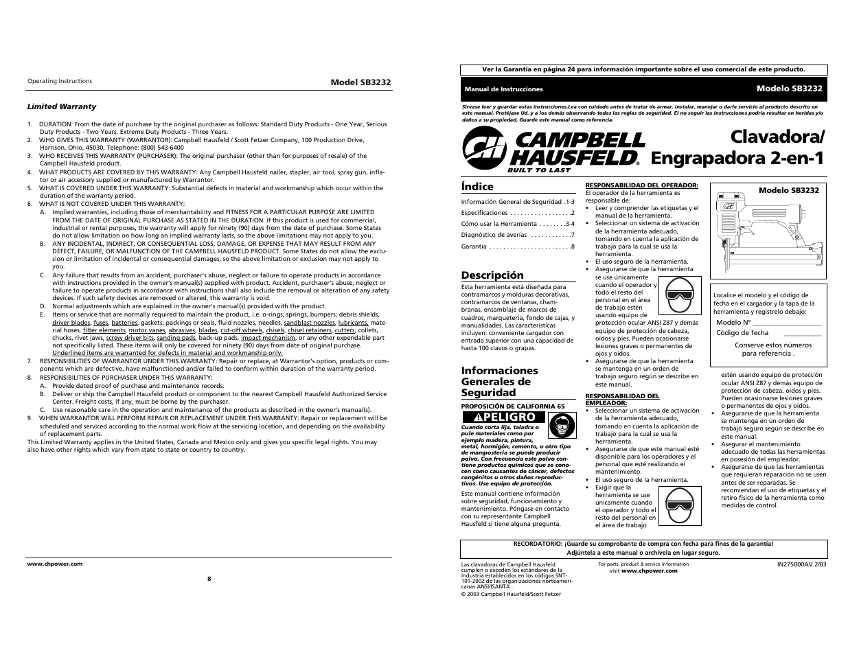 Clavadora/ engrapadora 2-en-1, Peligro | Campbell Hausfeld SB3232 User Manual | Page 8 / 24