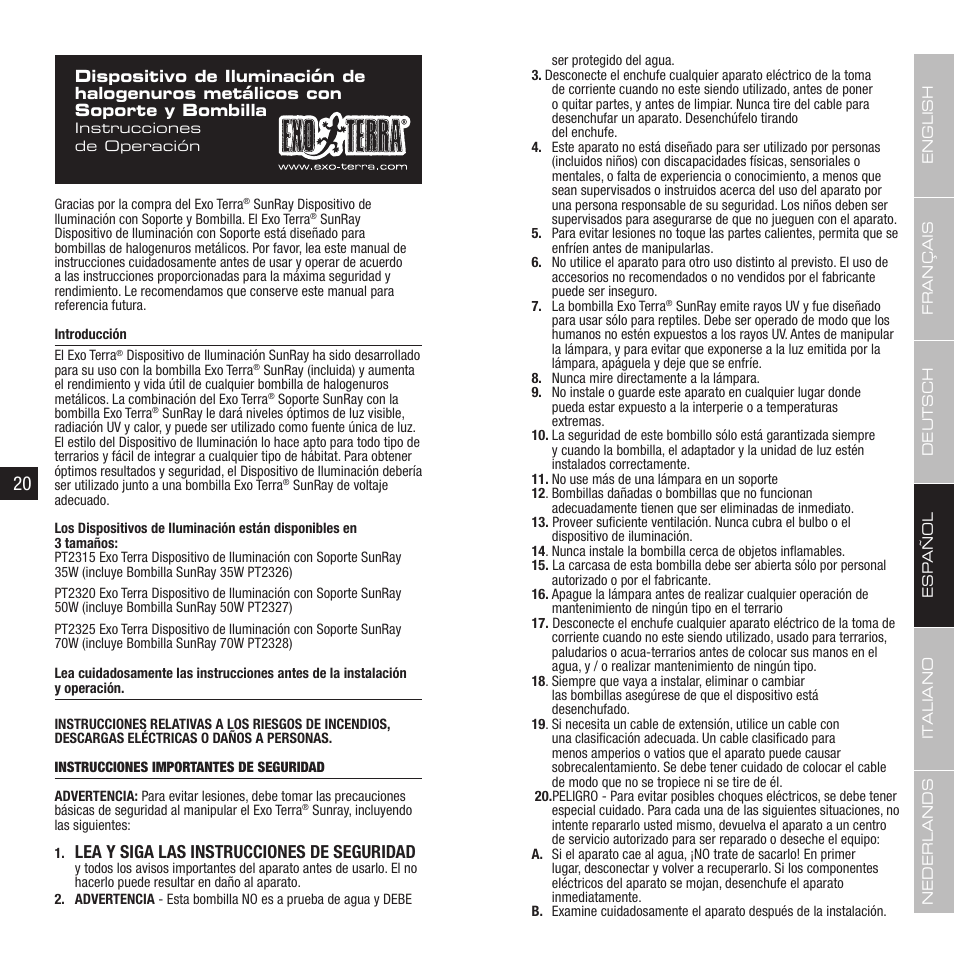 Lea y siga las instrucciones de seguridad | Exo Terra Sunray fixture User Manual | Page 11 / 23