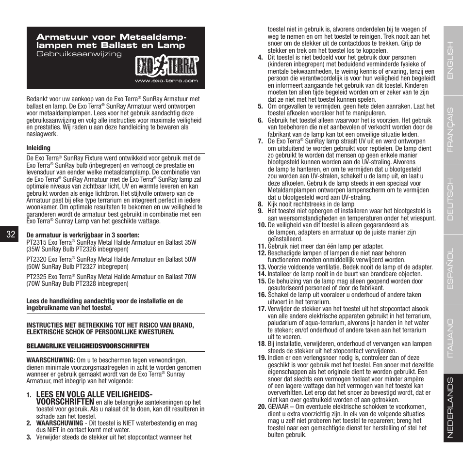 Lees en volg alle veiligheids- voorschriften | Exo Terra Sunray fixture User Manual | Page 17 / 23