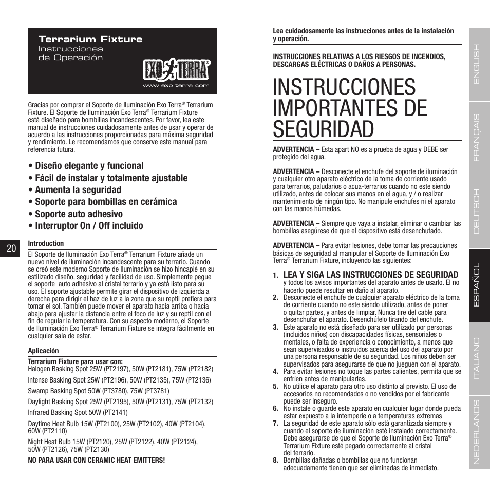 Instrucciones importantes de seguridad | Exo Terra Terrarium Fixture User Manual | Page 11 / 19