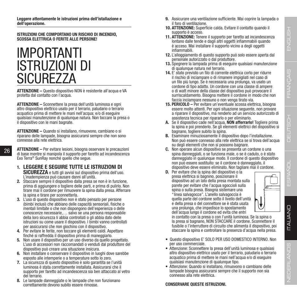 Importanti istruzioni di sicurezza | Exo Terra Terrarium Fixture User Manual | Page 14 / 19