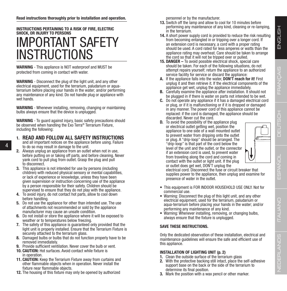 Important safety instructions | Exo Terra Terrarium Fixture User Manual | Page 3 / 19