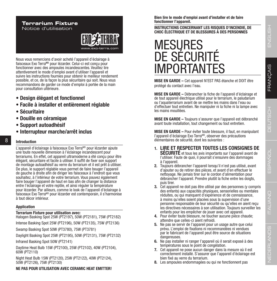 Mesures de sécurité importantes | Exo Terra Terrarium Fixture User Manual | Page 5 / 19