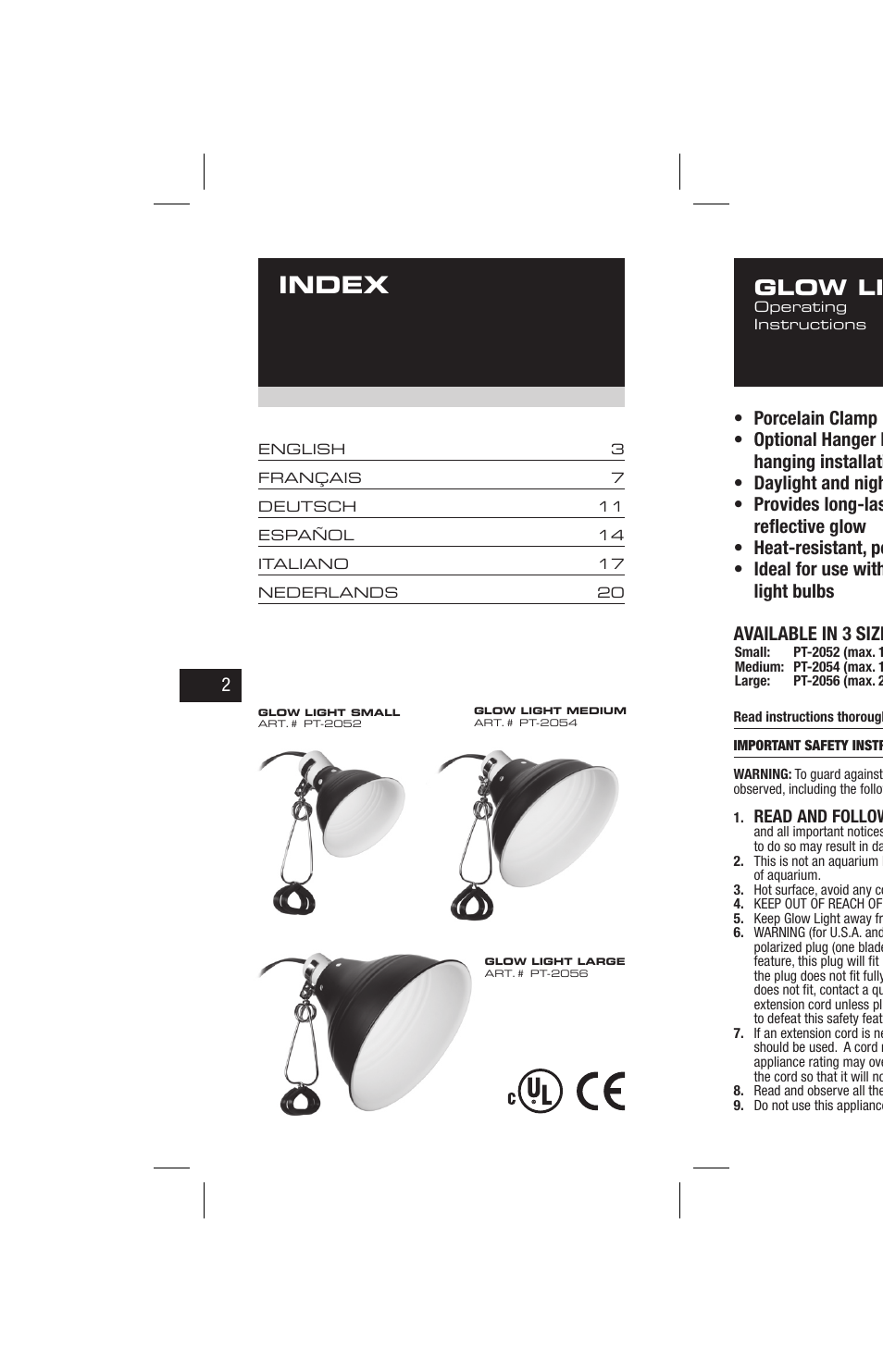 Index, Glow light | Exo Terra Glow Light User Manual | Page 2 / 23