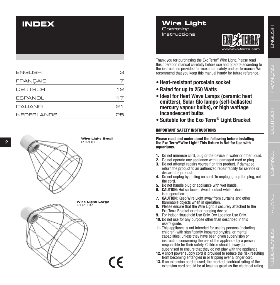 Index, Wire light, Light bracket | Exo Terra Wire Light User Manual | Page 2 / 17