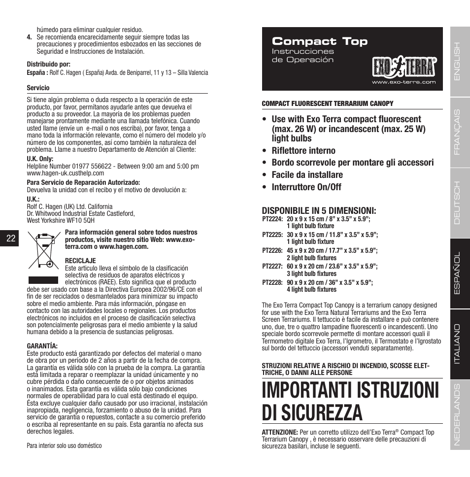 Importanti istruzioni di sicurezza, Compact top | Exo Terra Compact Top User Manual | Page 12 / 19