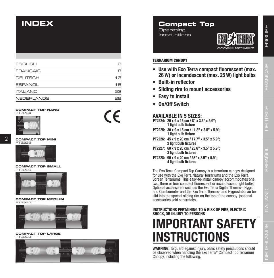 Important safety instructions, Index, Compact top | Exo Terra Compact Top User Manual | Page 2 / 19