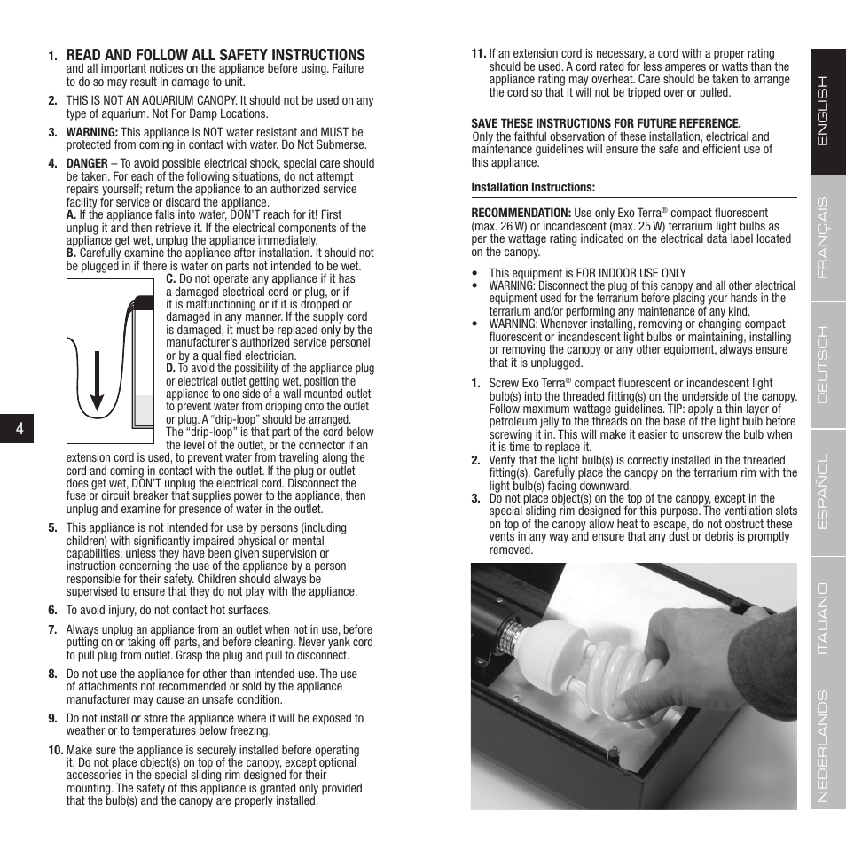 Read and follow all safety instructions | Exo Terra Compact Top User Manual | Page 3 / 19