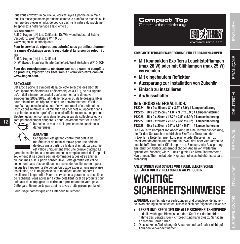 Wichtige sicherheitshinweise, Compact top | Exo Terra Compact Top User Manual | Page 7 / 19