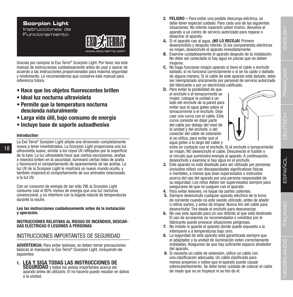 Instrucciones importantes de seguridad, Lea y siga todas las instrucciones de seguridad | Exo Terra Scorpion Light User Manual | Page 10 / 19