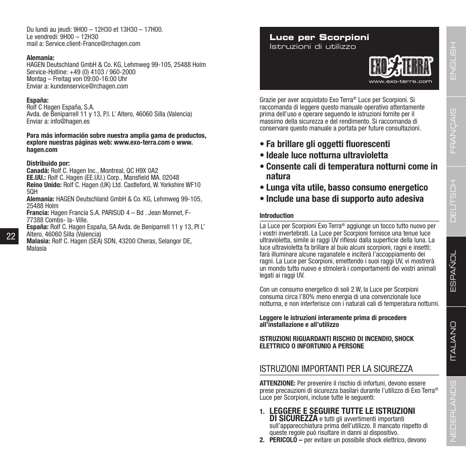 Istruzioni importanti per la sicurezza, Leggere e seguire tutte le istruzioni di sicurezza | Exo Terra Scorpion Light User Manual | Page 12 / 19