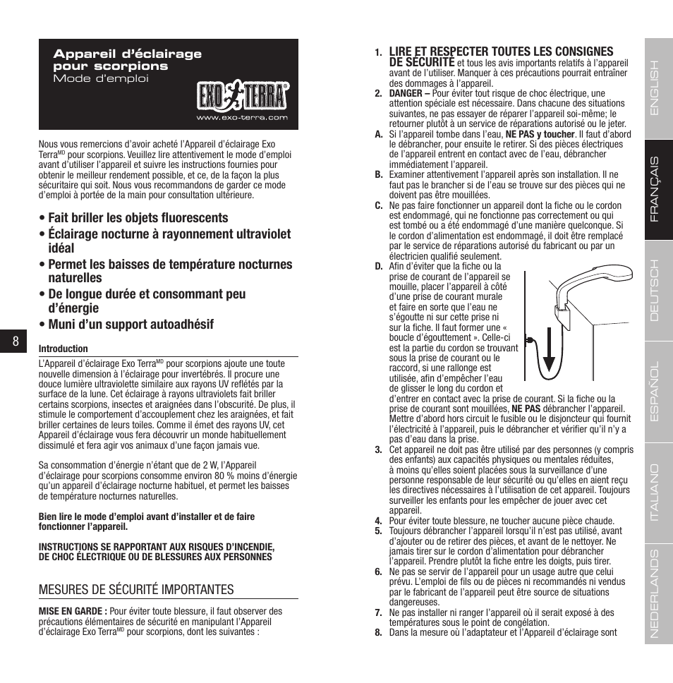 Mesures de sécurité importantes, Lire et respecter toutes les consignes de sécurité | Exo Terra Scorpion Light User Manual | Page 5 / 19