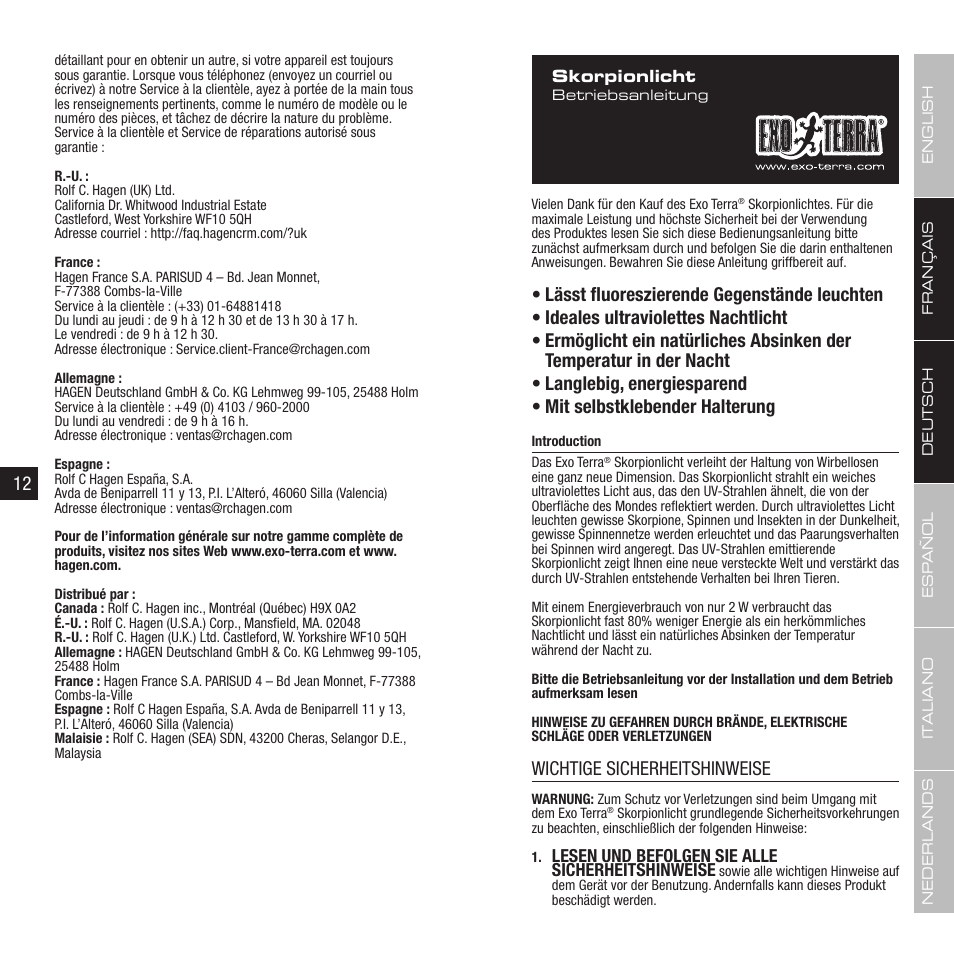 Wichtige sicherheitshinweise, Lesen und befolgen sie alle sicherheitshinweise | Exo Terra Scorpion Light User Manual | Page 7 / 19
