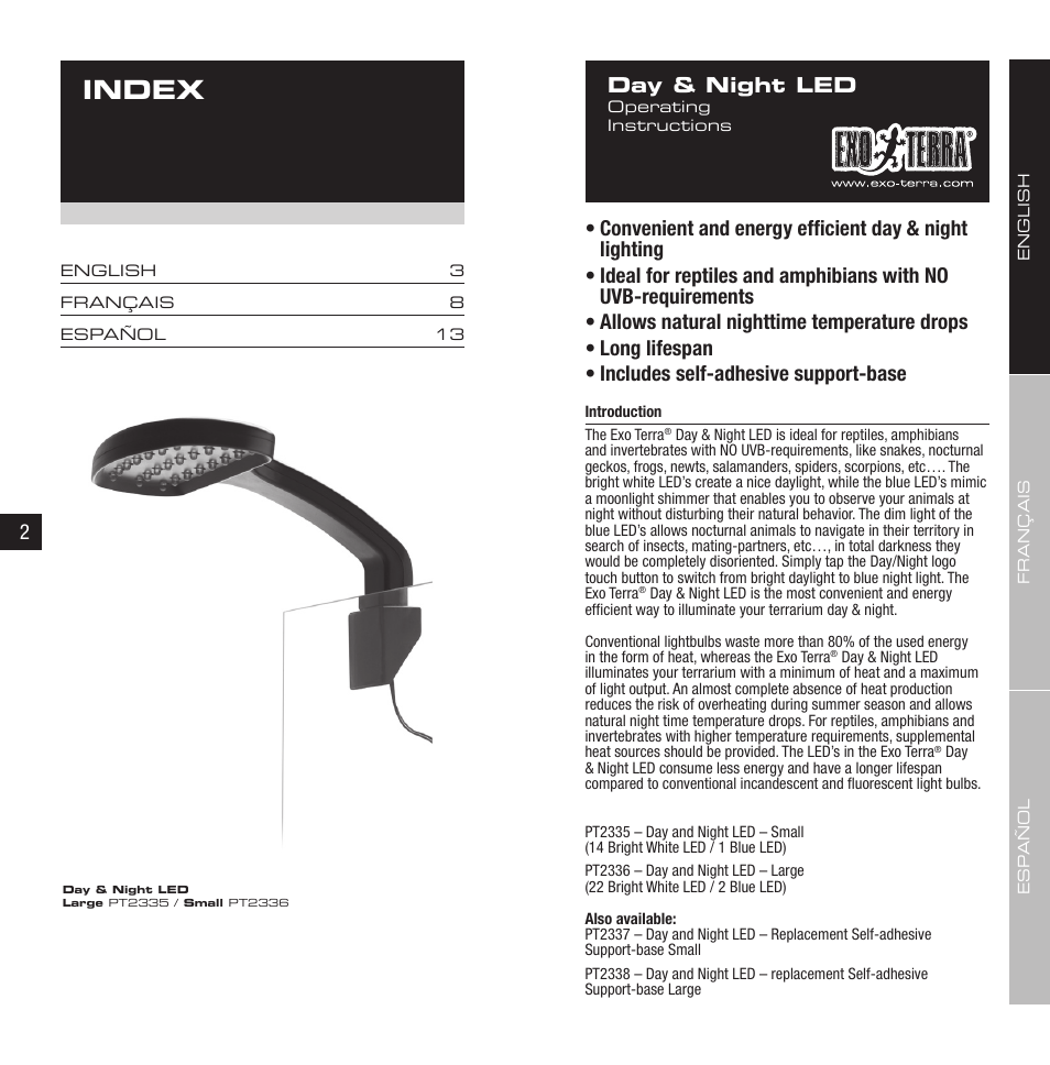 Index, Day & night led | Exo Terra Day & Night LED User Manual | Page 2 / 11