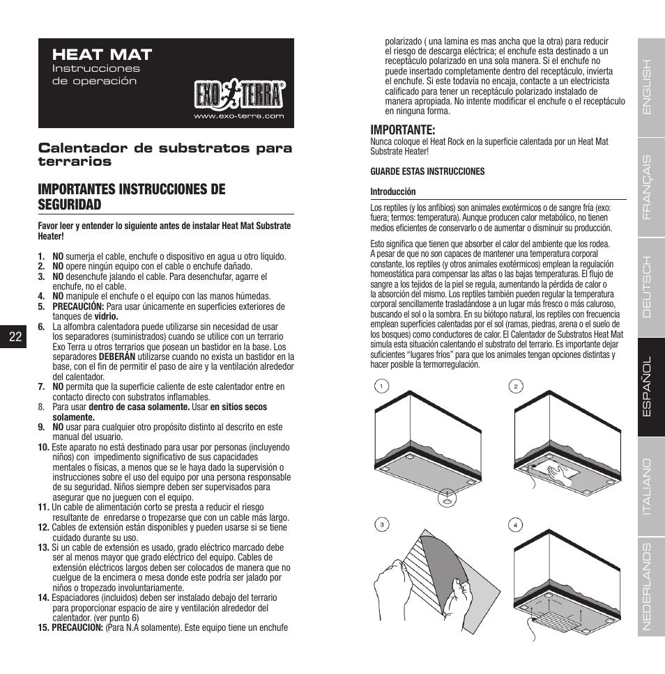 Heat mat, Importantes instrucciones de seguridad, Calentador de substratos para terrarios | Importante | Exo Terra Heat Wave Rainforest User Manual | Page 12 / 21