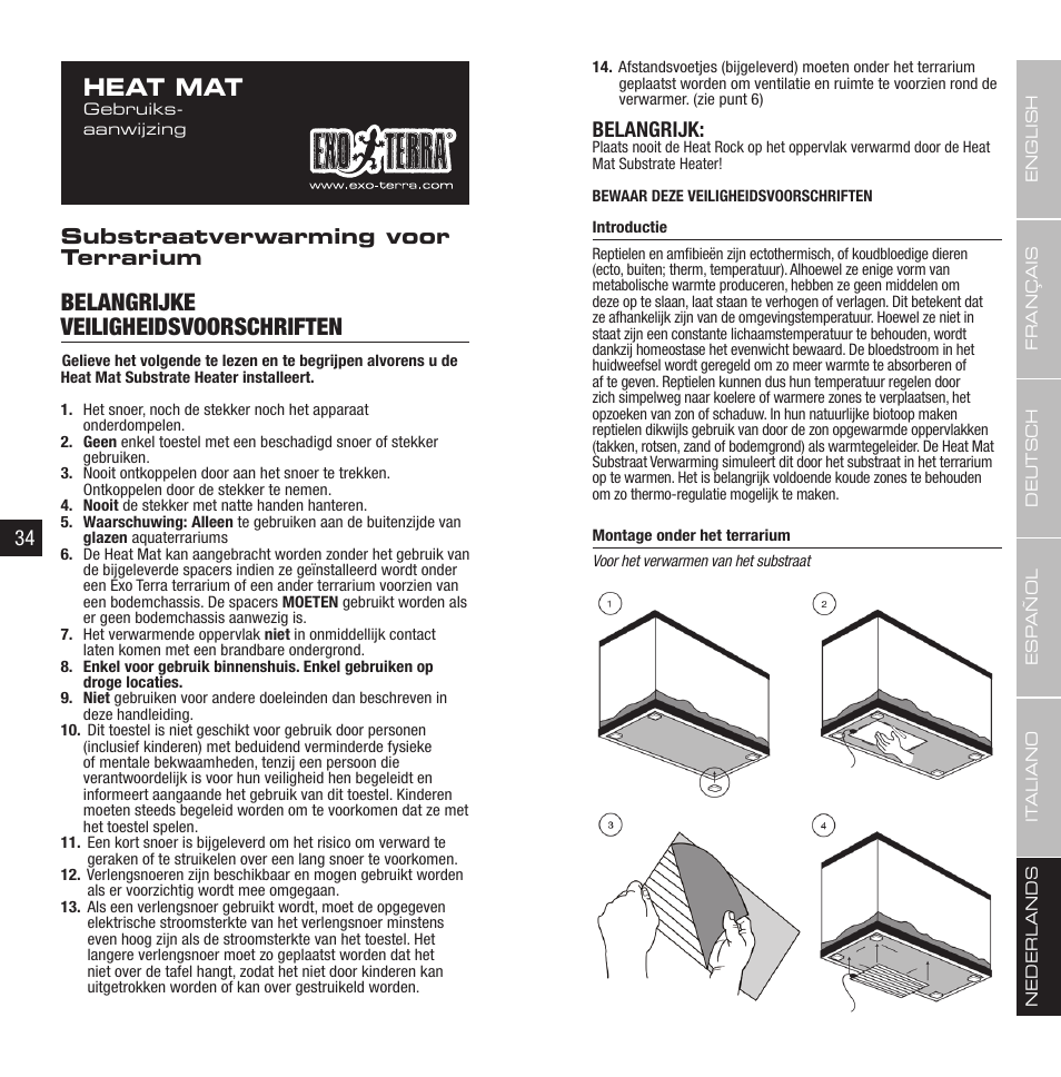 Heat mat, Belangrijke veiligheidsvoorschriften, Substraatverwarming voor terrarium | Belangrijk | Exo Terra Heat Wave Rainforest User Manual | Page 18 / 21