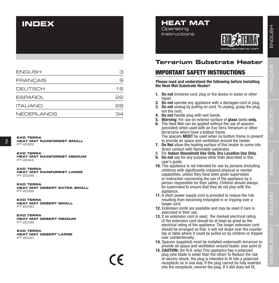 Index, Important safety instructions, Heat mat | 2terrarium substrate heater | Exo Terra Heat Wave Rainforest User Manual | Page 2 / 21