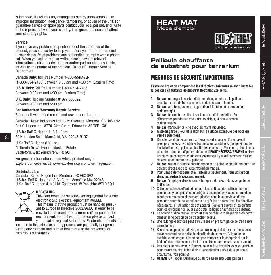 Heat mat, Mesures de sécurité importantes, Pellicule chauffante de substrat pour terrarium | Exo Terra Heat Wave Rainforest User Manual | Page 5 / 21
