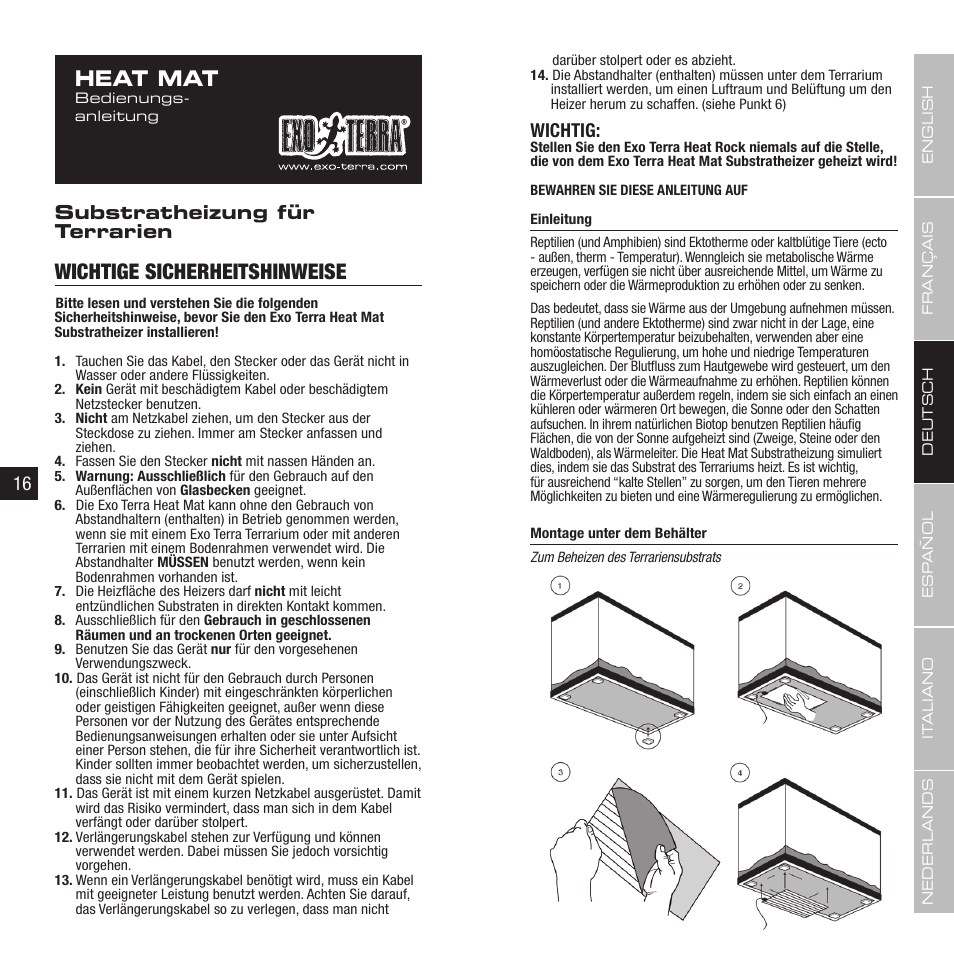 Heat mat, Wichtige sicherheitshinweise, Substratheizung für terrarien | Wichtig | Exo Terra Heat Wave Rainforest User Manual | Page 9 / 21