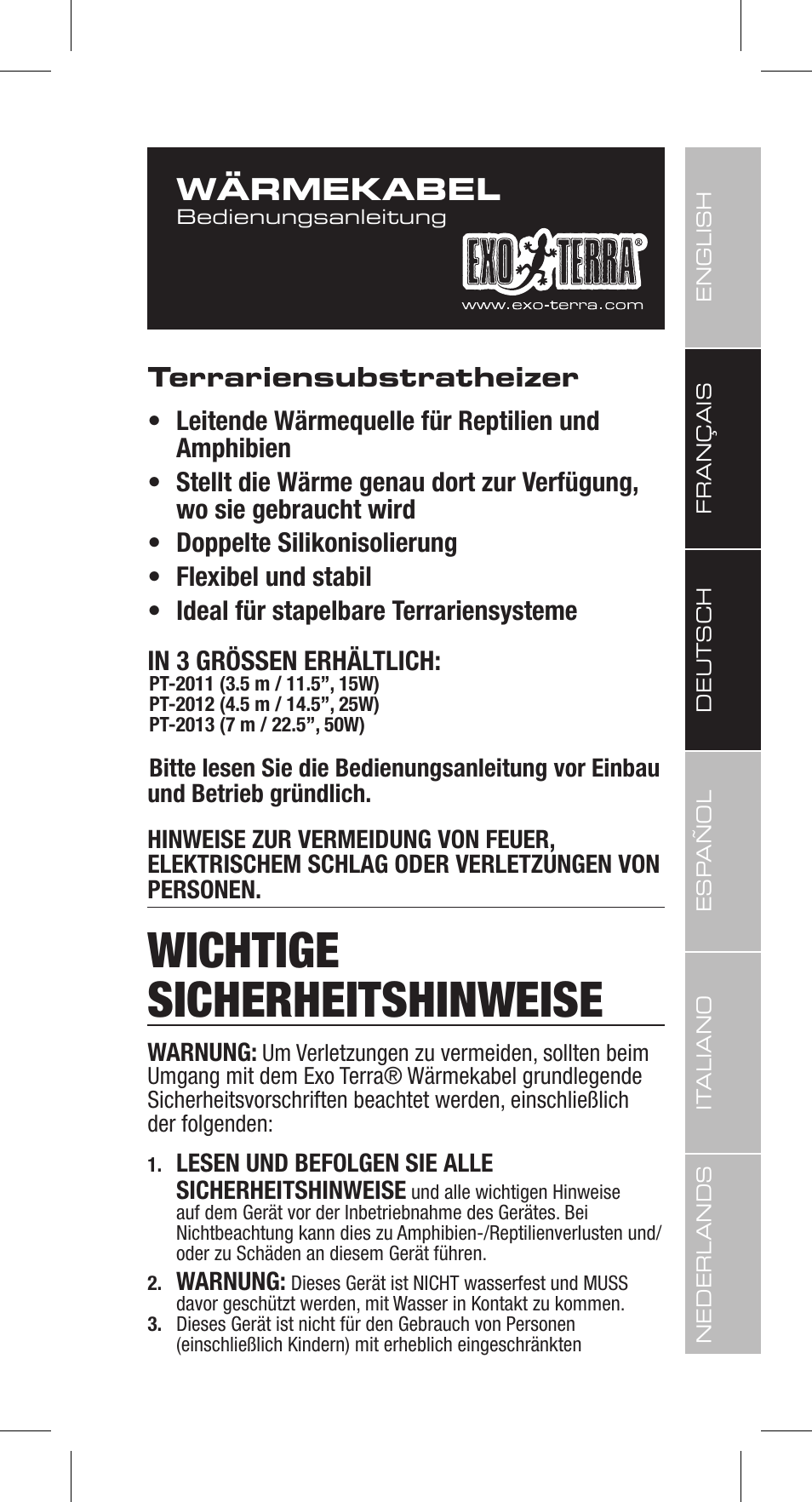 Wichtige sicherheitshinweise, Wärmekabel | Exo Terra Heat Cable User Manual | Page 11 / 28