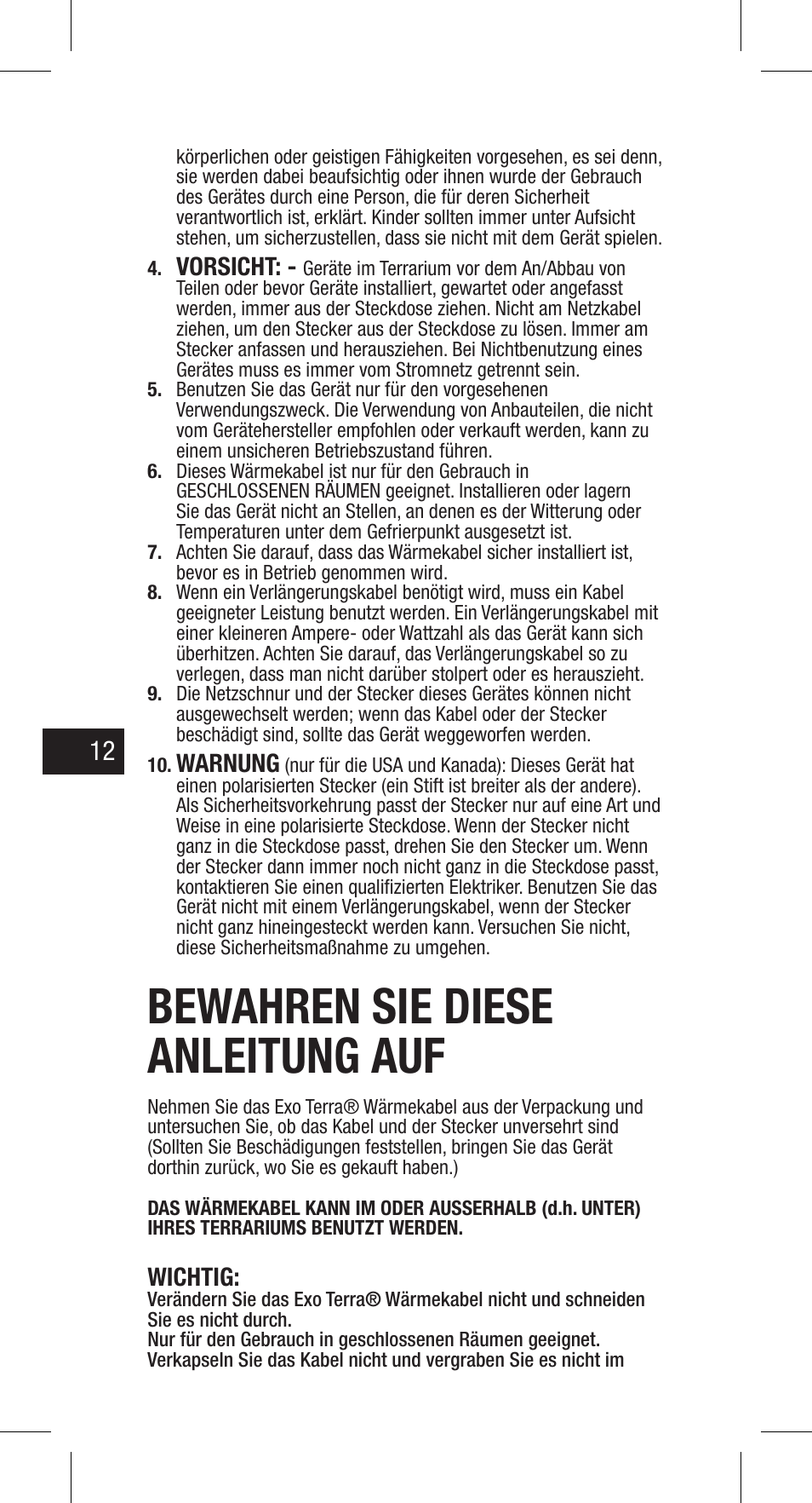 Bewahren sie diese anleitung auf | Exo Terra Heat Cable User Manual | Page 12 / 28